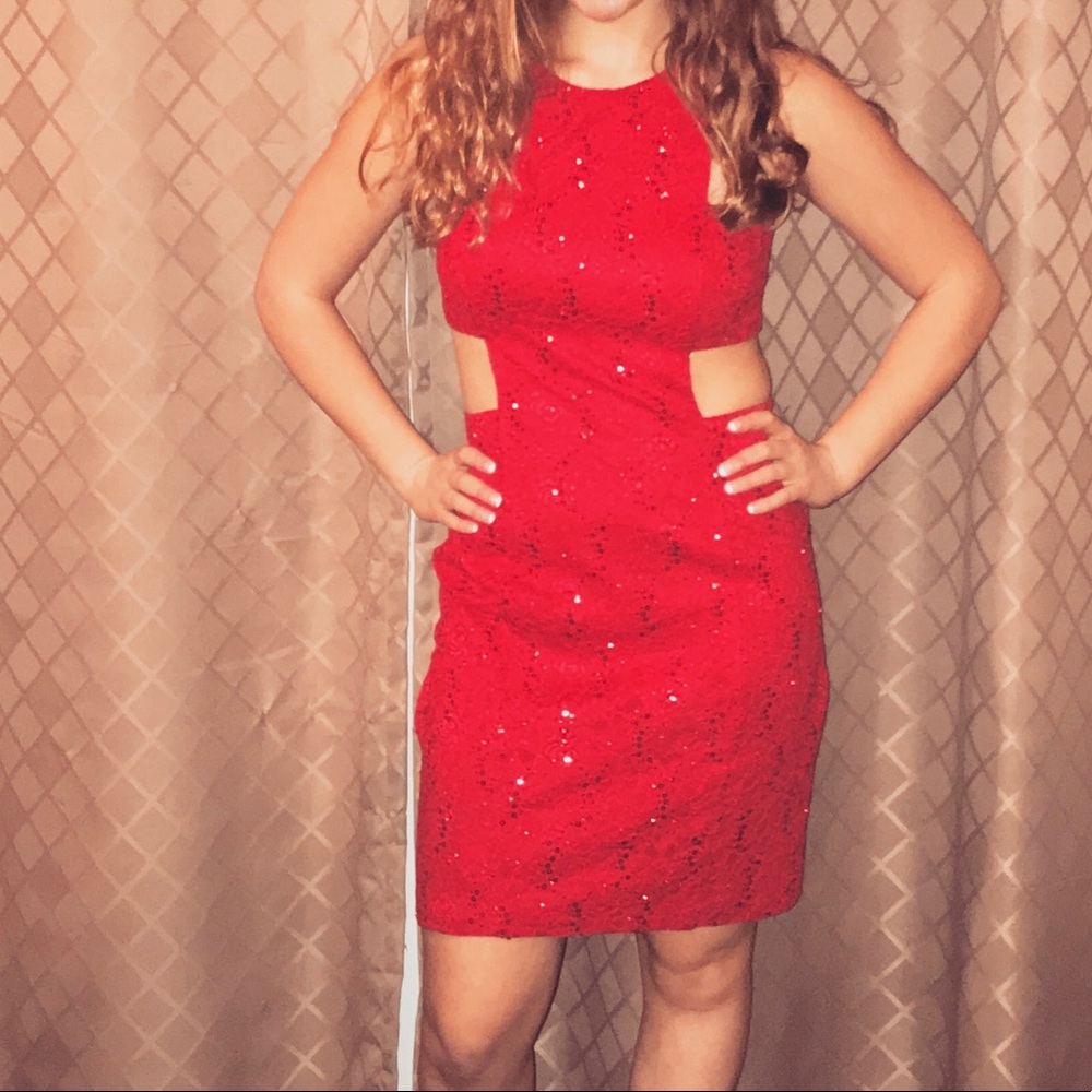 Red, sequin, cut out Sheath dress